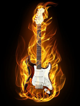 Electric guitar in fire and flames