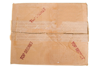 Grungy Old Cardboard Box Stamped "TOP SECRET", Peeling Tape