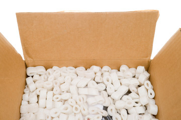Looking into Box Styrofoam Packing Peanuts, Isolated Background