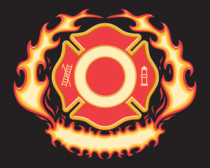 Firefighter Cross Symbol with Flaming Banner