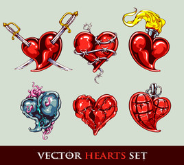 Set of vector tattoo stylized hearts