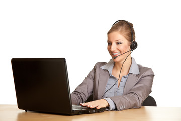 Woman in formal suit with headset isolated on white