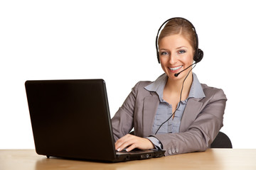 Woman in formal suit with headset isolated on white