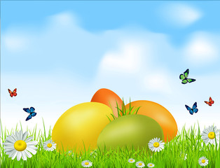 vector Easter eggs on a green field with daisies and a blue sky
