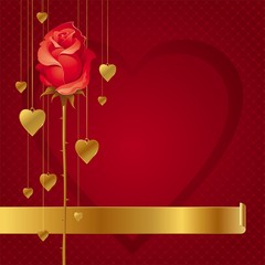Valentines design with red rose & hanging golden hearts