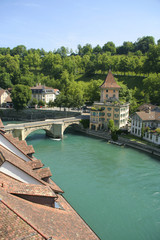 Fototapeta na wymiar Medieval houses lining the banks of Aare, Bern, Switzerland