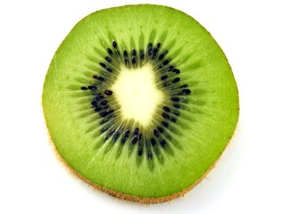 A single fresh slice of kiwi fruit on a white background