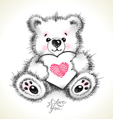 Hand drawn furry teddy bear with a heart in paws. - 29172152