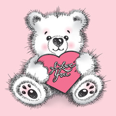 Hand drawn teddy bear with a heart in paws on a pink background.