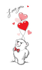 Teddy bear keeps the balloons hearts. Hand drawn illustration.