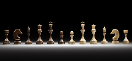 Set of wooden chess isolated on black 3d render