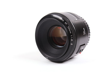 Black camera lens isolated in white background