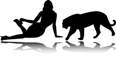 girl and tiger with reflection - vector