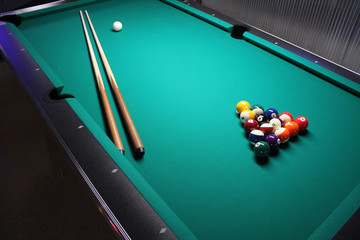 Pool Table - A Pool Table, set up for a game.