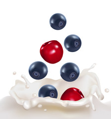 Blueberries and cherries falling into the milk splash.