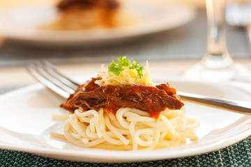 Spaghetti with beef and tomato sauce
