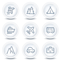 Travel web icons set 1, white glossy circle buttons