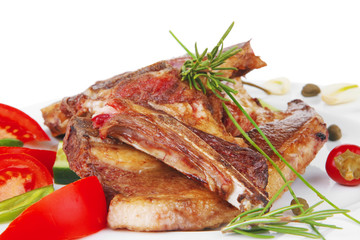 roasted lamb meat fillet ready on china plate