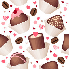 Seamless pattern with chocolates and red hearts
