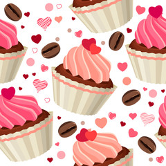 Seamless pattern with chocolates and red hearts