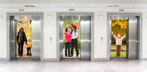 summer autumn  family in elevator doors in corridor, collage © Pavel Losevsky