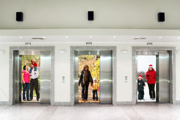 summer autumn winter family in elevator doors, collage © Pavel Losevsky