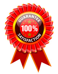 Vector red awarard rosette label with ribbons.