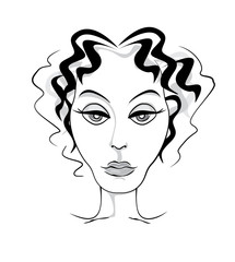 Mature woman head front ink illustration