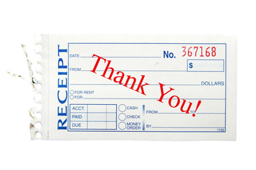 paper receipt with "thank you" text