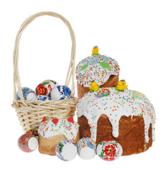 Russian Easter cake and colourful easter eggs isolated