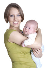 Woman with 2 month baby, Isolated over white background