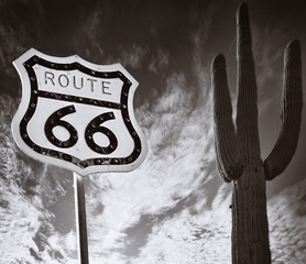 Route 66 with Saguaro Cactus