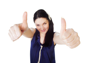 woman showing success sign isolated on white