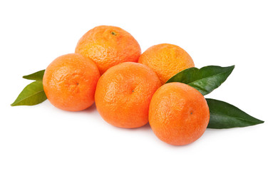 Tangerines with leaves on a white background .