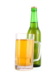 Bottle of beer and cup isolated on white