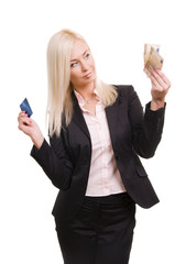 Business woman with a credit card and cash in her hand