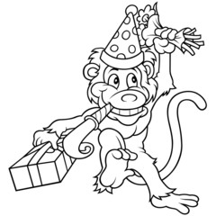 Monkey and Birthday Party - Black and White Cartoon illustration