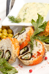 fish roll with sauce and potato chips