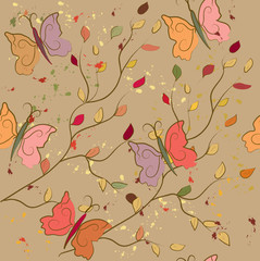 Seamless fall pattern with butterflies and leaves