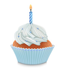 Blue birthday cupcake with burning candle