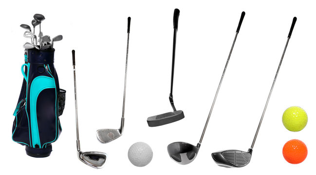 Set of golf clubs and bag with balls.