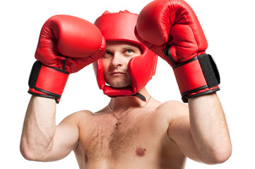 Professional boxer stance isolated on white background