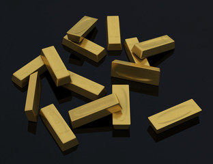 Gold bars in bulk on a black background with a little reflection