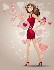 Young walking woman with stylized contour hearts