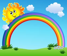 Fototapete Für Kinder Sonne hält Regenbogen am blauen Himmel