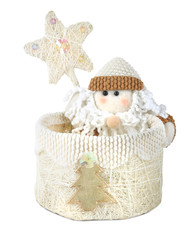 Santa in basket with star. Isolated on white background