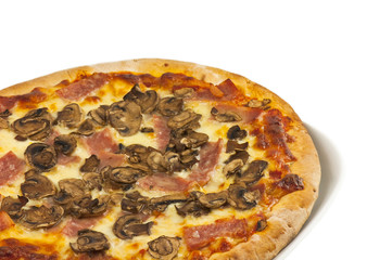 Ham and mushroom pizza on a white background
