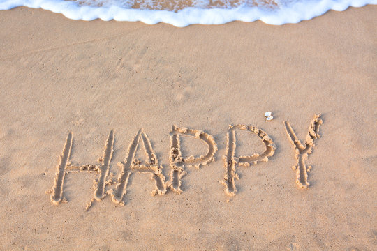 word "happy" written on beach sand