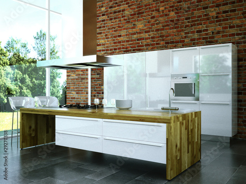 3d rendering küche weià mit holz" stockfotos und lizenzfreie ...
