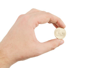 Plakat Holding Gold Coin Between Fingers